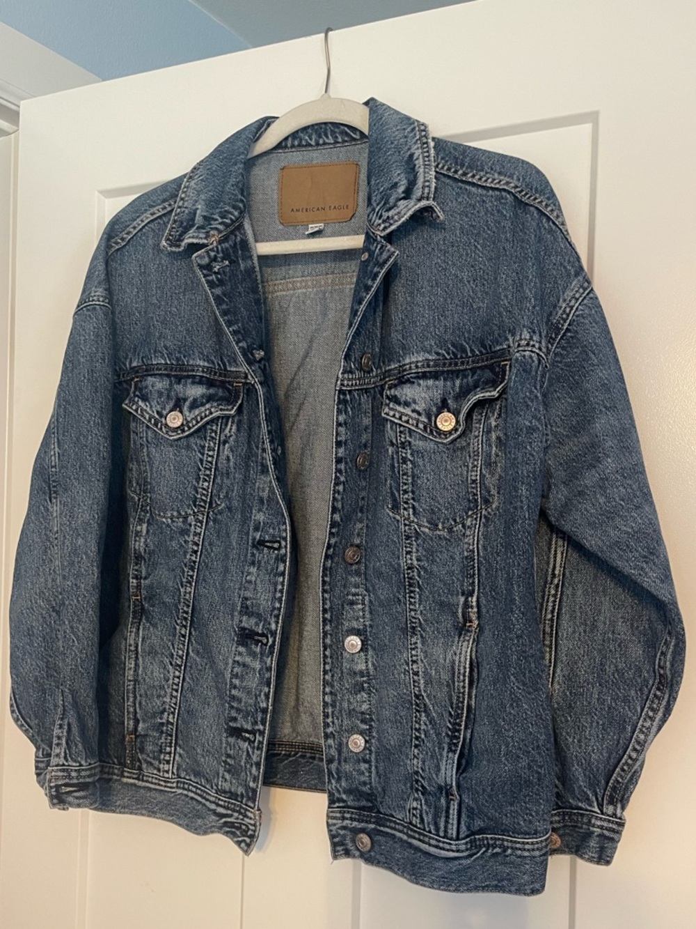 American Eagle Distressed Medium Blue Boyfriend Denim Jacket